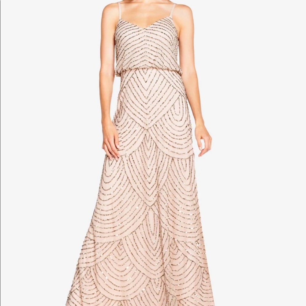 ADRIANNA PAPPELL ART DECO BEADED BLOUSON GOWN IN TAUPE PINK
